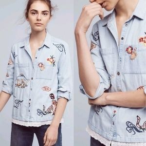 Anthropologie Embroidered Chambray shirt